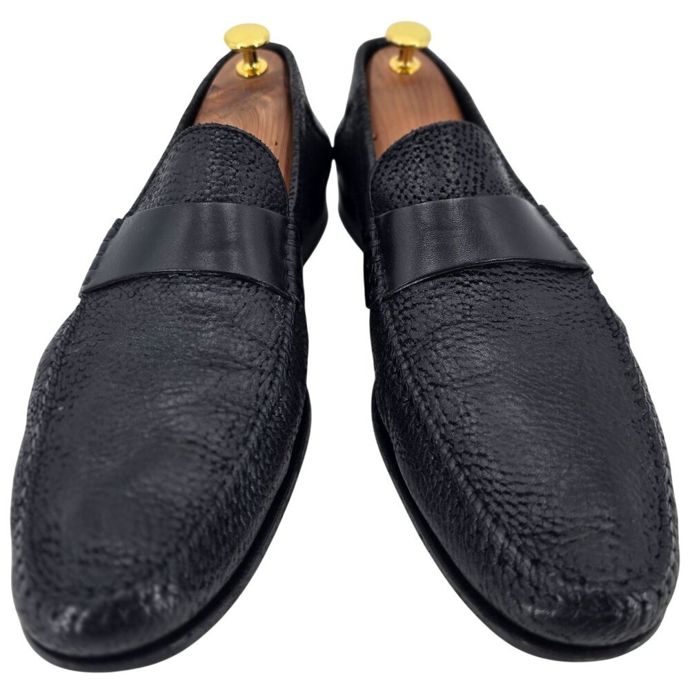 Santoni Italy Soft Black Deerskin Mens size 10.5 Paine Strap Loafers Dress Shoes - Picture 10 of 11